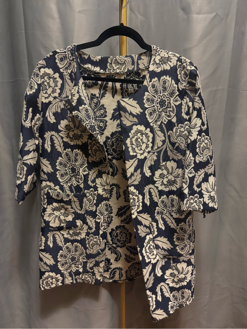 Floral Jacquard Open Front Jacket - Navy & Cream